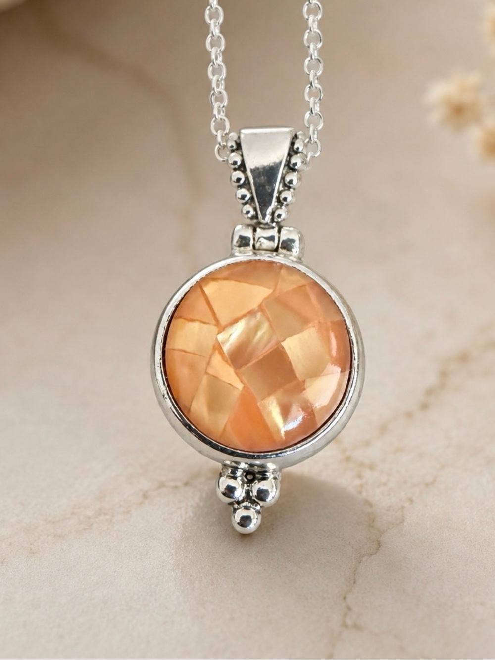 Vintage Sterling Silver JEZ Mosaic Inlay Peach MOP Pendant Sterling Plate Chain